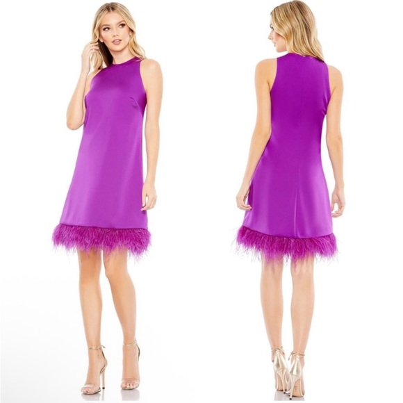 Mac Duggal 55805 Feathered Hem High Neck Sleeveless A-Line Dress Size 10 NWT - Picture 1 of 11